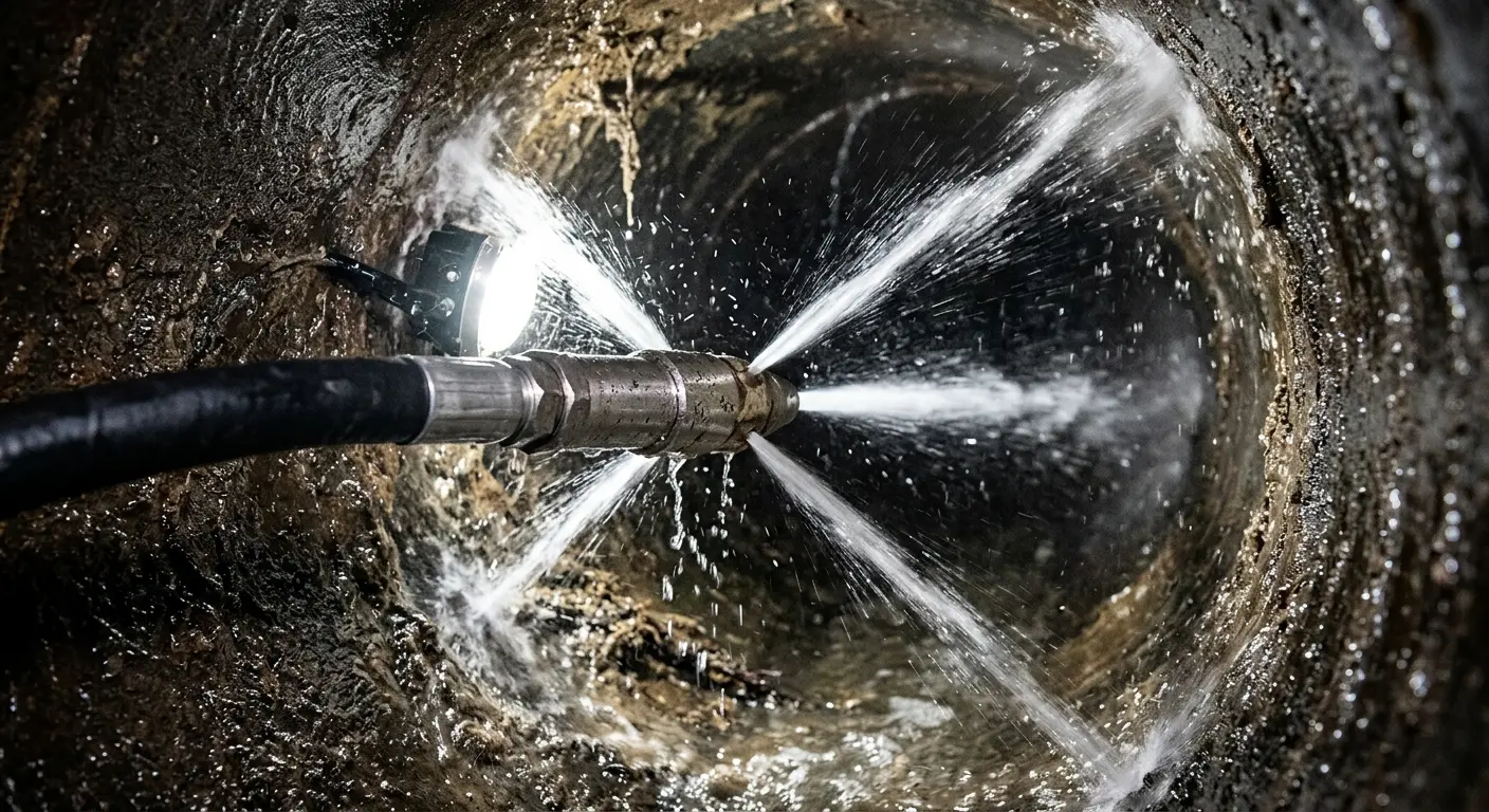 High-pressure hydro jetting nozzle cleaning sewer pipe for Trenchless Sewer Repair in Huntington