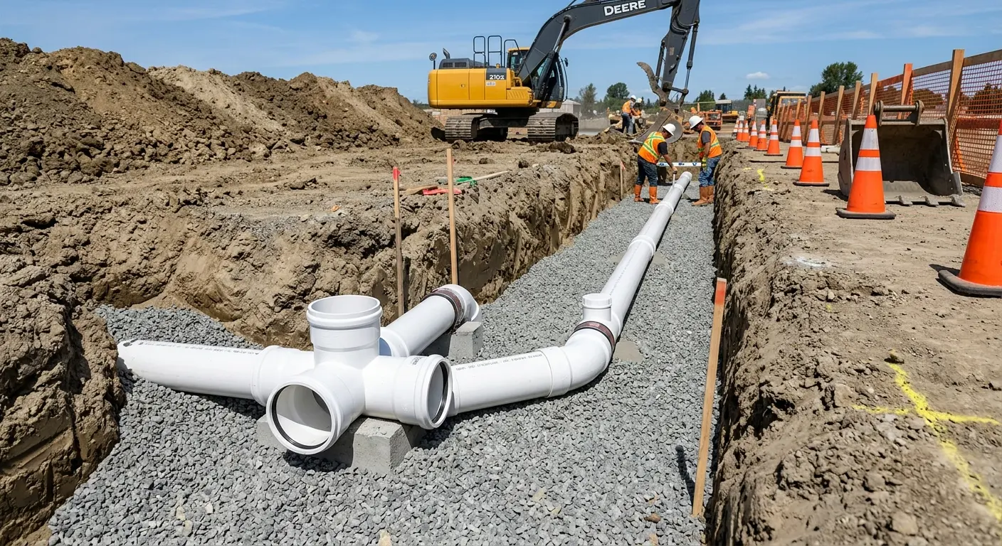 New PVC sewer pipe installation in open trench for Commercial Drain Cleaning in Huntington