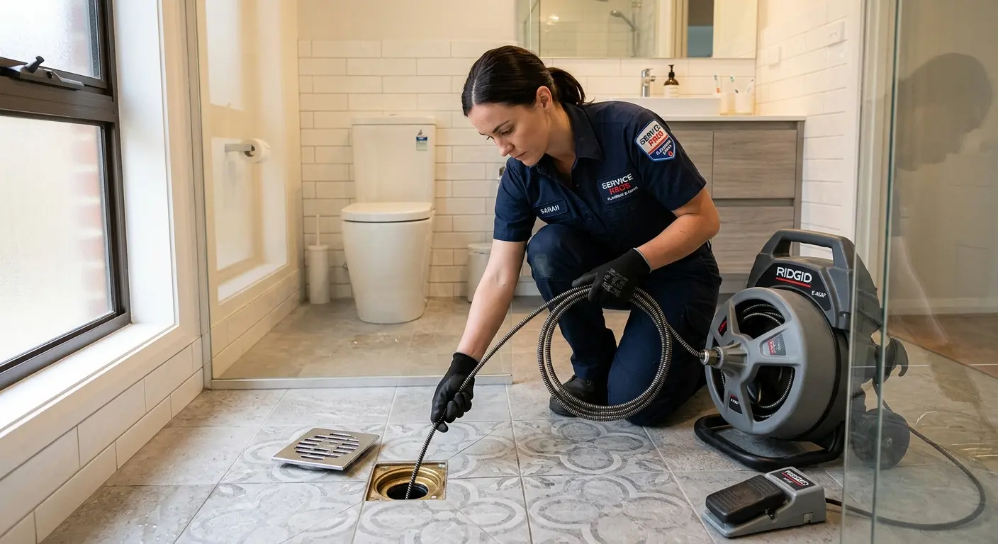 Technician clearing a bathroom floor drain for Clogged Drain Repair in Huntington